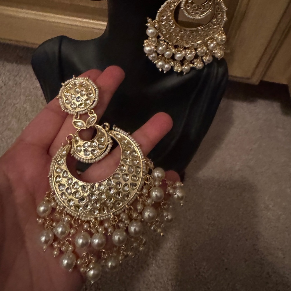 Kundan Chand Bali in Elegant Gold and Pearl Statement Earrings